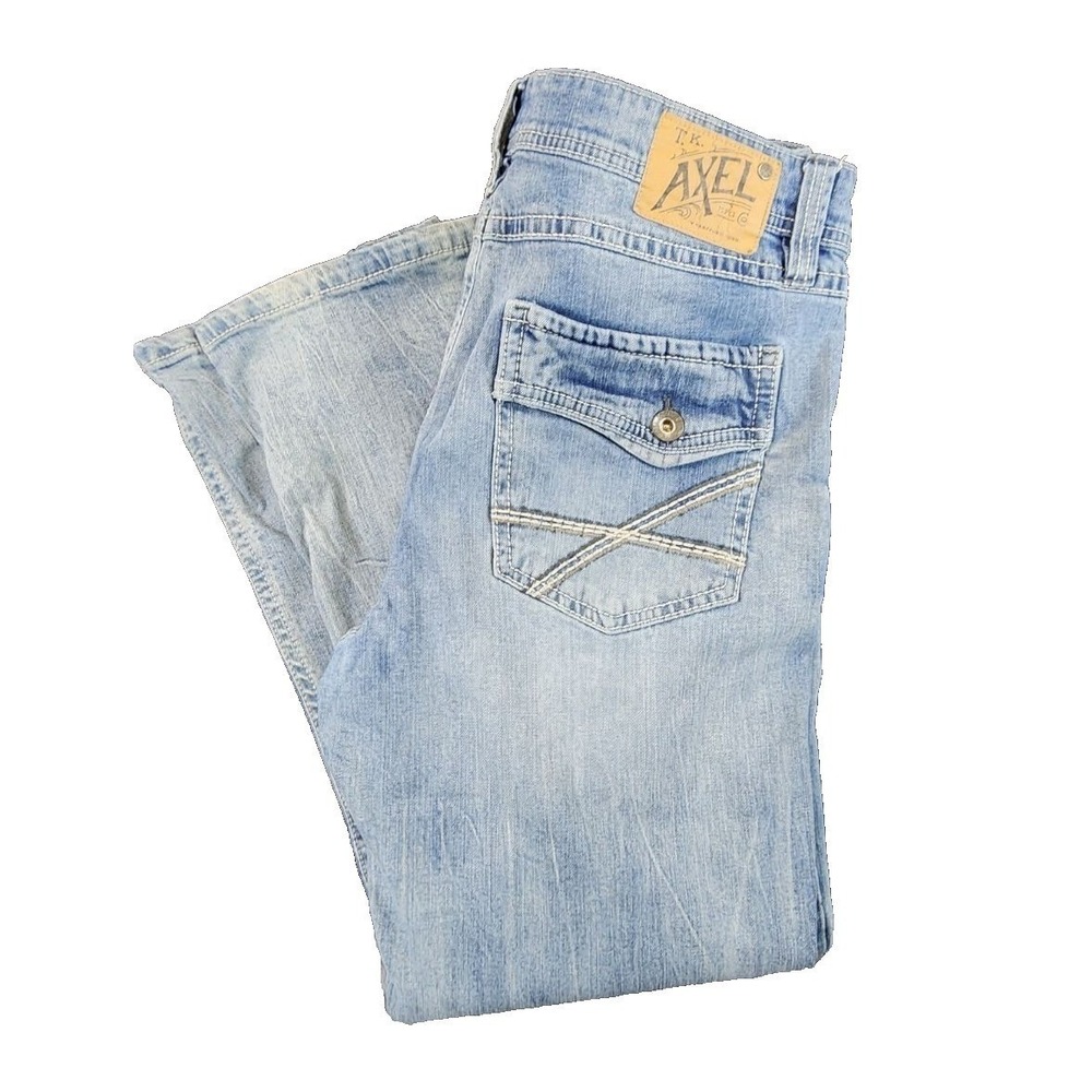 TK Axel Slim Boot Light Wash Blue Jeans Mens 36x30 Stretch Denim Faded Rugged